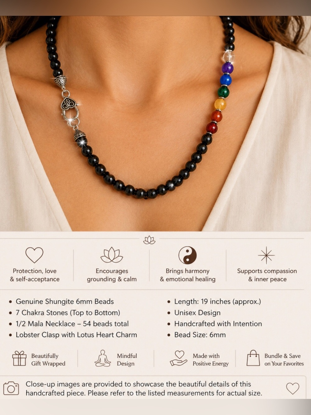 Shungite Genuine Stone with 7 Genuine Stone Bead Unisex necklace